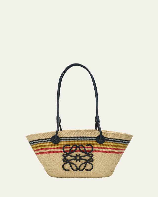 x Paula's Ibiza Small Anagram Striped Basket Tote Bag in Raffia